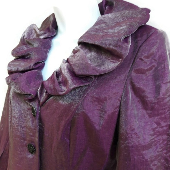 Adrianna Papell Evening Shimmer Jacket Ruffled Collar Black Jeweled Buttons 6P - Picture 5 of 8